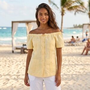 NWT GUAJIRO 100% LINEN Yellow Off-Shoulder Button Front Top